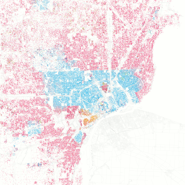 { Map showing the racial divide in Detroit. Each dot is 25 people. Red = Caucasian, Blue = African-American, Orange = Hispanic (any race), Green = Asian | Graphic by Eric Fischer from 2010 Detroit City Census }
